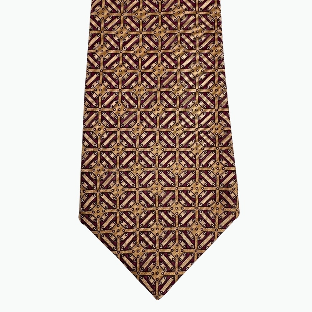 Hermes Silk Tie Mens‎ One Size Gold Burgundy Geometric 830 EA